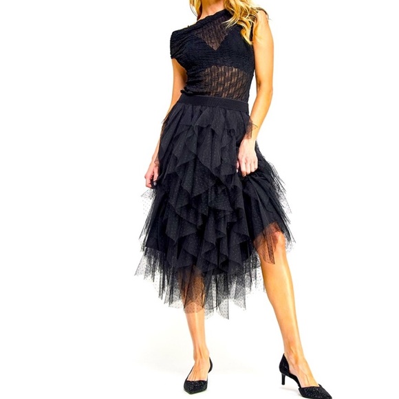 Trending Fun and Flirty Ruffled Tulle Pull on Stretch Waist Midi Skirt - Picture 2 of 7
